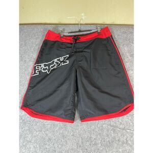 Y2K Fox Racing Board Shorts Mens 34 Gray Red Big Logo Quick Dry Surf Swim Trunks
